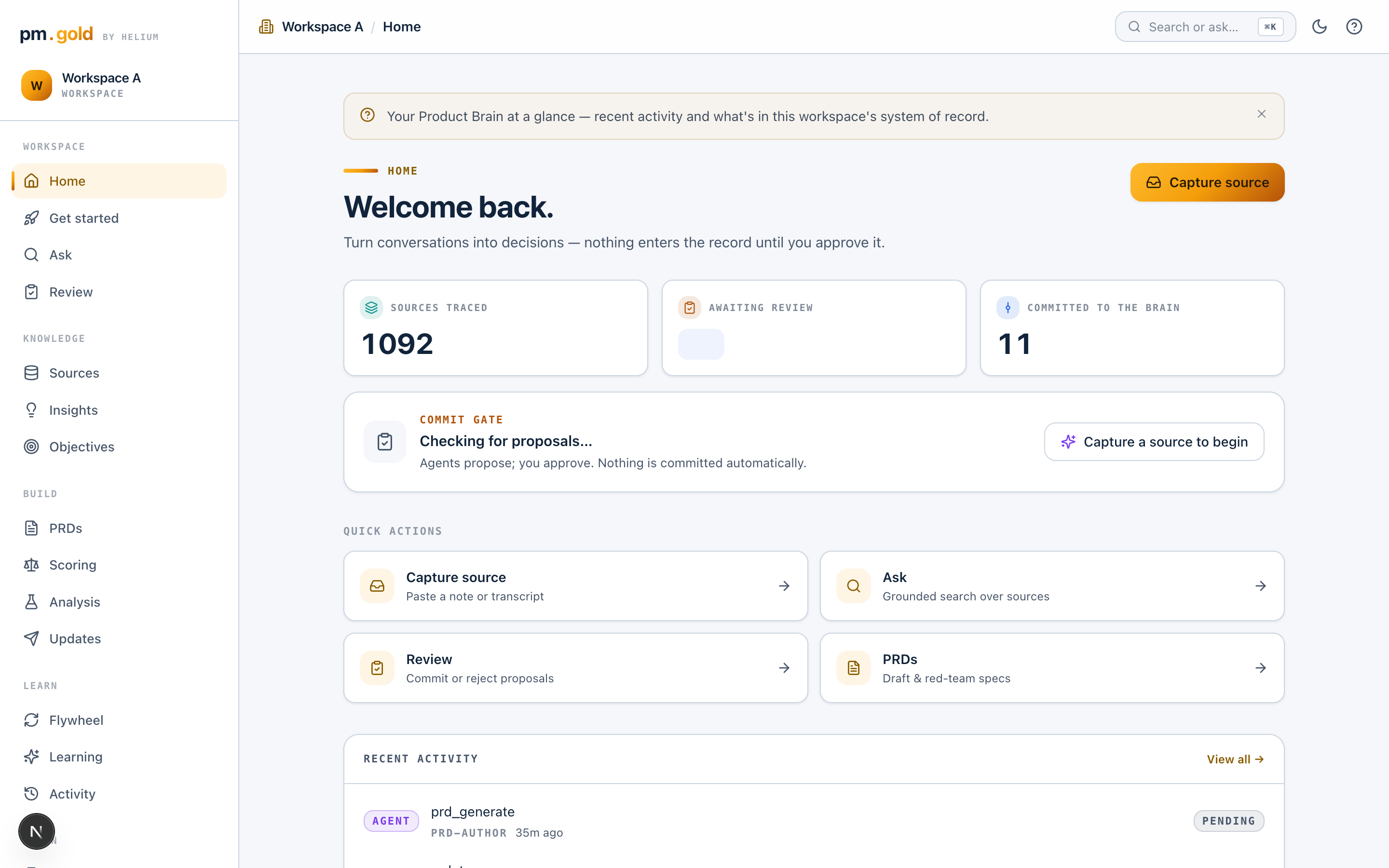 The pm.gold workspace: sources traced, the commit gate, and quick actions — a real screenshot of the product.